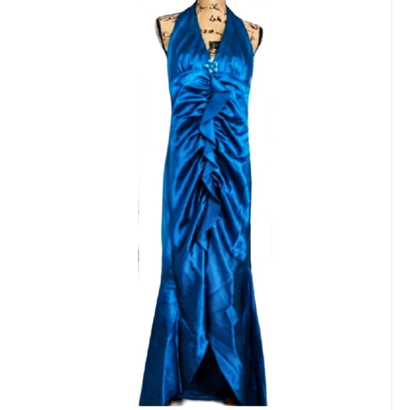 Jessica McClintock for Gunne Sax 3/4 turquoise backless mermaid halter dress - Picture 1 of 12